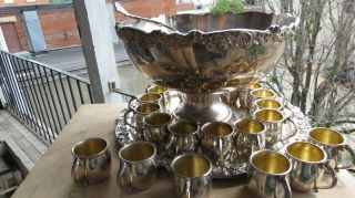 F B Rogers Ornate Punch Bowl 20 Cups Tray Heavy Silver Plated Pedestal SET Ladle 8