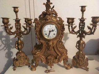 Vintage Italian Imperial Brass Mantel Clock W/pair Candelabras