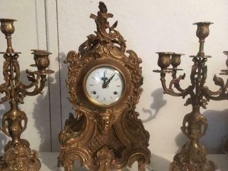 Vintage Italian Imperial Brass Mantel Clock w/Pair Candelabras 2