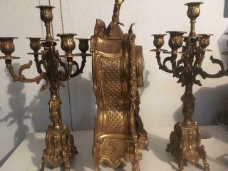 Vintage Italian Imperial Brass Mantel Clock w/Pair Candelabras 9