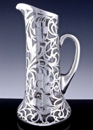 Largec1900 Art Nouveau Sterling Silver Overlay Glass Wine Water Pitcher Jug Vase