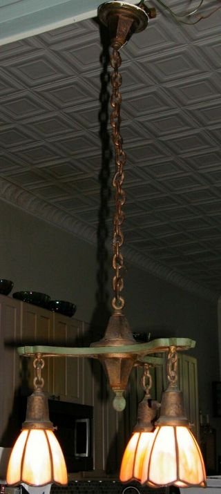 Antique Arts Crafts Painted Iron Pendant Fixture Chandelier 3 Slag Glass Shades 4