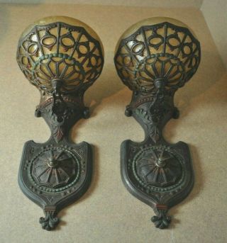 Antique Pair Art Deco Wall Sconces With Glass Slips
