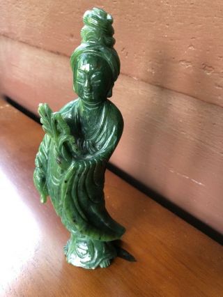 Vintage Chinese Quan Kwan Yin Green Jade Hand Carved Statue With Gem Certificate