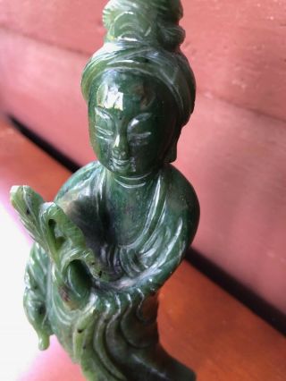 Vintage Chinese Quan Kwan Yin Green Jade Hand Carved Statue With Gem Certificate 2