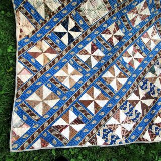 Prussian Blue c1830s QUILT Antique Brown Calico Stripe Pinwheel GREAT FABRIC WOW 10