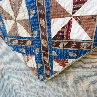 Prussian Blue c1830s QUILT Antique Brown Calico Stripe Pinwheel GREAT FABRIC WOW 11