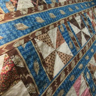 Prussian Blue C1830s Quilt Antique Brown Calico Stripe Pinwheel Great Fabric Wow