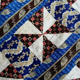 Prussian Blue c1830s QUILT Antique Brown Calico Stripe Pinwheel GREAT FABRIC WOW 2
