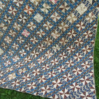 Prussian Blue c1830s QUILT Antique Brown Calico Stripe Pinwheel GREAT FABRIC WOW 3