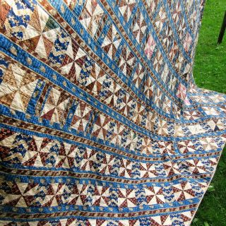 Prussian Blue c1830s QUILT Antique Brown Calico Stripe Pinwheel GREAT FABRIC WOW 4