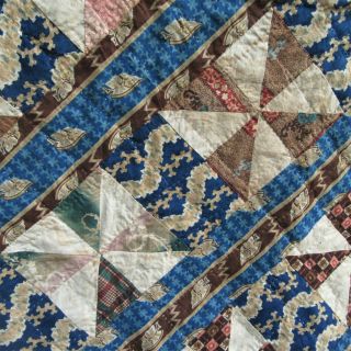 Prussian Blue c1830s QUILT Antique Brown Calico Stripe Pinwheel GREAT FABRIC WOW 5