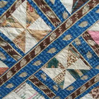 Prussian Blue c1830s QUILT Antique Brown Calico Stripe Pinwheel GREAT FABRIC WOW 6