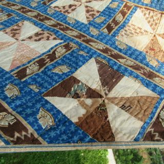Prussian Blue c1830s QUILT Antique Brown Calico Stripe Pinwheel GREAT FABRIC WOW 7