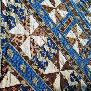 Prussian Blue c1830s QUILT Antique Brown Calico Stripe Pinwheel GREAT FABRIC WOW 8