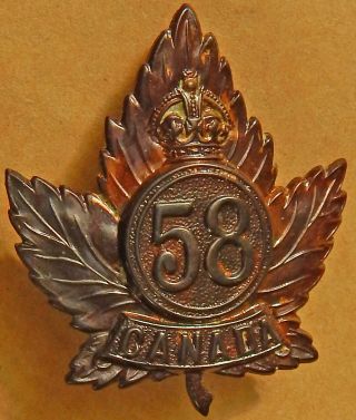 58th Battalion,  Cef Ww1 Bronze Cap Badge By Tiptaft Birmingham Uk $1.  00 Reserve