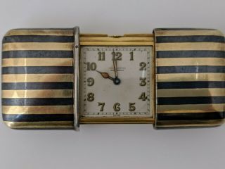 18k 1930’s Ermeto Movada Master Travel Clock,  Rare Leather Ovoid Case