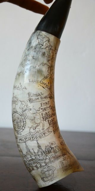 Antique York Powder Horn Carved NY Map French Indian War American Colonial 3