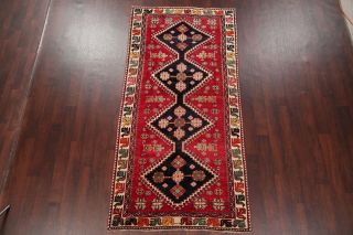 Antique Geometric 9 ft RED Runner Qashqai Persian Tribal Oriental Wool Rug 4 ' x9 ' 2