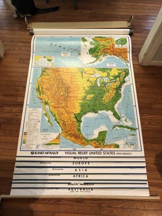 Vintage Rand Mcnally Classroom Pulldown Relief Map World Us Africa Europe More