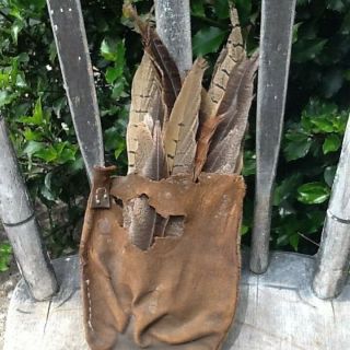 Early Primitive Leather Game Bag Hunting Pouch 1800s With Feathers 4