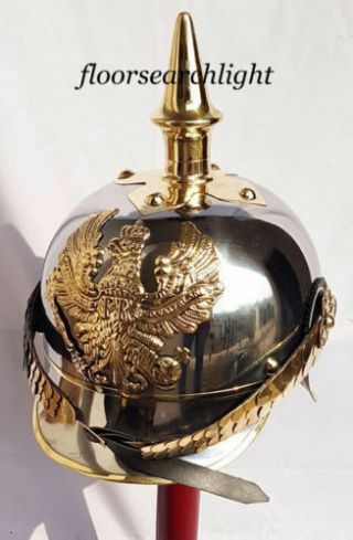 Wwi German Pickelhaube Steel & Brass Helmet Prussian Fr Badge Officer Spike Line