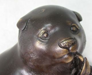 H328: Japanese high - quality copper ware very cute puppy statue w/bamboo grass 2