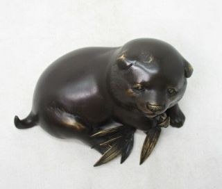 H328: Japanese high - quality copper ware very cute puppy statue w/bamboo grass 9