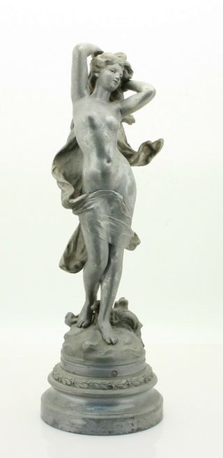 Fine White Metal Sculpture Art Nouveau Period Nude Woman W/ Flowing Wrap C 1900