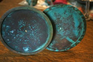 Antique Arts & Crafts Mission Bronze Candlesticks Green Glass Embellishments 14 