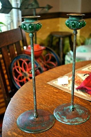 Antique Arts & Crafts Mission Bronze Candlesticks Green Glass Embellishments 14 "