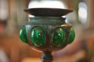 Antique Arts & Crafts Mission Bronze Candlesticks Green Glass Embellishments 14 