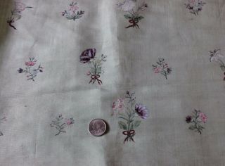 Rare 18thc French Hand Painted Florals & Bows Silk Dress Fabric Dolls,  Design