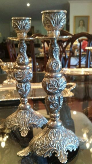 545g Masterpiece Sterling Silver Set 2 Candlesticks Flowers Heavy Carving