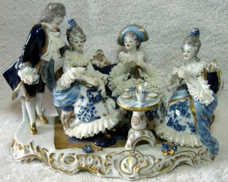 An Exceptional Volkstedt Porcelain Dresden Lace Group Figurine Tea Party