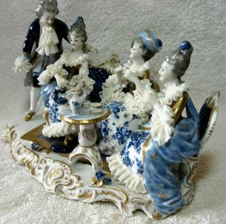 An Exceptional Volkstedt Porcelain Dresden Lace Group Figurine Tea Party 2