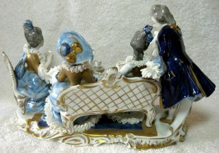 An Exceptional Volkstedt Porcelain Dresden Lace Group Figurine Tea Party 3