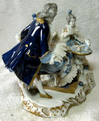 An Exceptional Volkstedt Porcelain Dresden Lace Group Figurine Tea Party 4