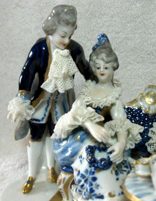 An Exceptional Volkstedt Porcelain Dresden Lace Group Figurine Tea Party 5