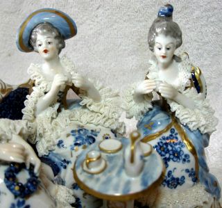 An Exceptional Volkstedt Porcelain Dresden Lace Group Figurine Tea Party 6