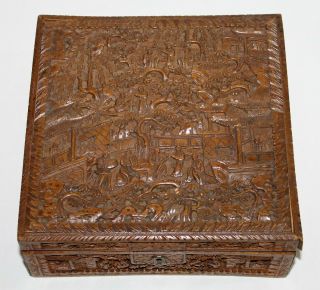 Antique Chinese Canton Sandalwood Wood Deep Carved Case Box Early 20th C.