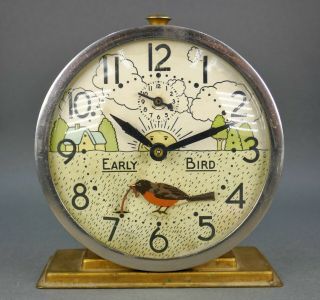 Fine Antique Mechanical Westclox Early Bird Gets The Work Alarm Clock