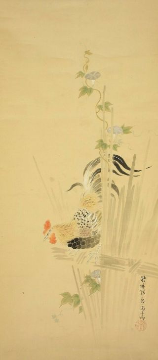 掛軸1967 Hanging Scroll : Hanabusa Iccho " Morning Glory And Chicken " @e190