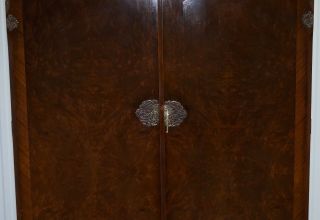 VINTAGE 1930 ' S BURR WALNUT LARGE DOUBLE BANK WARDROBE ONE OF TWO PART OF SUITE 5