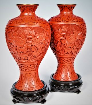 RARE VINTAGE CHINESE CINNABAR HAND CARVED VASES 20TH CENTURY 10