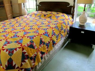 QUEEN Vintage Hand Sewn Antique Fabrics & Feed Sack KANSAS TROUBLE Quilt TOP 2