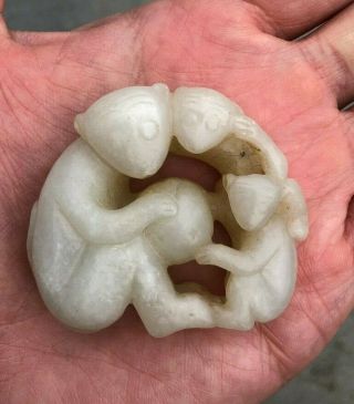 Vintage Chinese White Jade Monkey Pendant From Old Estate