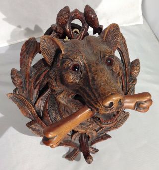 Antique German Black Forest Carved Wood Wolf / Dog Head Wall Plaque / Coat Hook