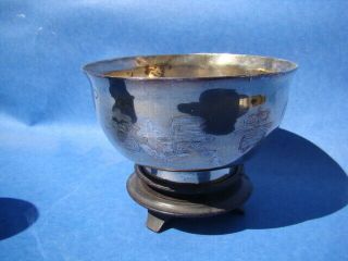 Antique Chinese Hand Carved Silver Bowl With Stand