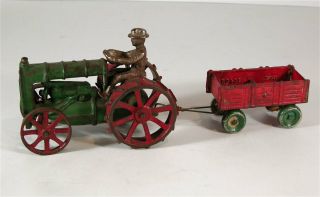 1920s Large Size Cast Iron Arcade Fordson Farm Tractor & Open Farm Wagon 10.  75 "